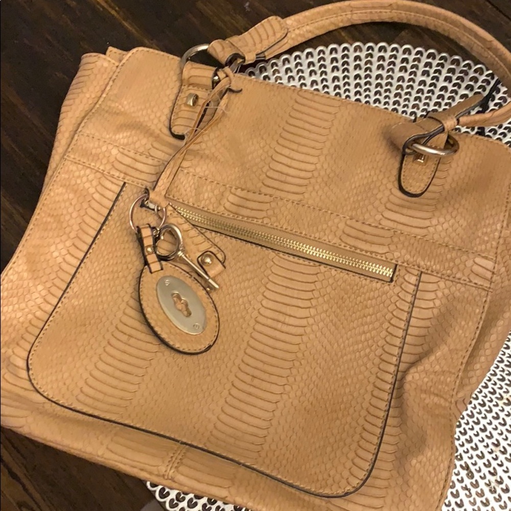 Tan faux snakeskin satchel